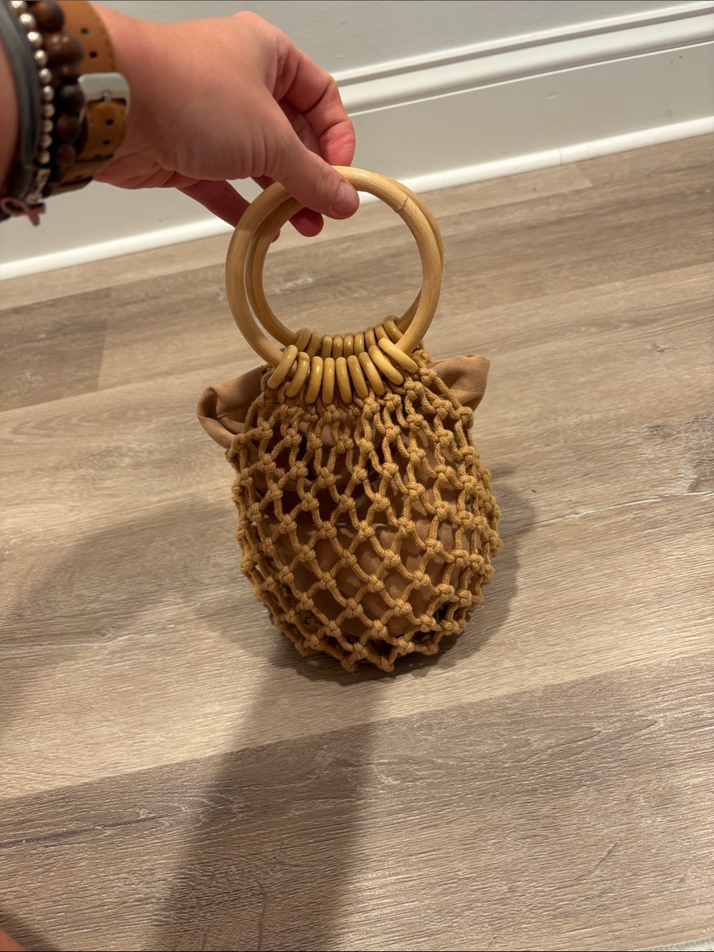 Woven Macramé Ring-Handle Women's Bag in Tan